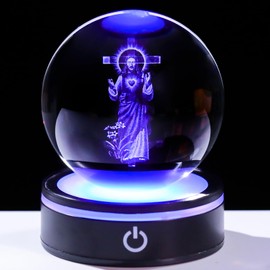 Arikyrist 3D Crystal Missionary Jesus Cross Ball Figurine, 3D Crystal Jesus Praying Hands Statue, Laser Engraved Sacred Heart of Jesus Statues Easter Decoration Christian Catholic Religious Gifts