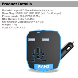 Universal Worldwide International All-in-One Travel adapter with Car Charger - Blue