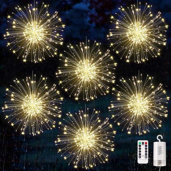6 pack Firework Lights Copper Wire Led Starburst Lights, Dimmable Battery Operated Hanging Lights with 8 Modes, Remote Control, Waterproof Fairy String Lights for Home, Patio, Christmas Decoration