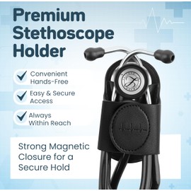 Magnetic Stethoscope Holder Hip Clip for 3M Littmann Stethoscope, MDF, & More - PU Leather Stethoscope Holster Great for RN, MD, EMT, & Medical Student | Nurse Accessories for Work. (Black)