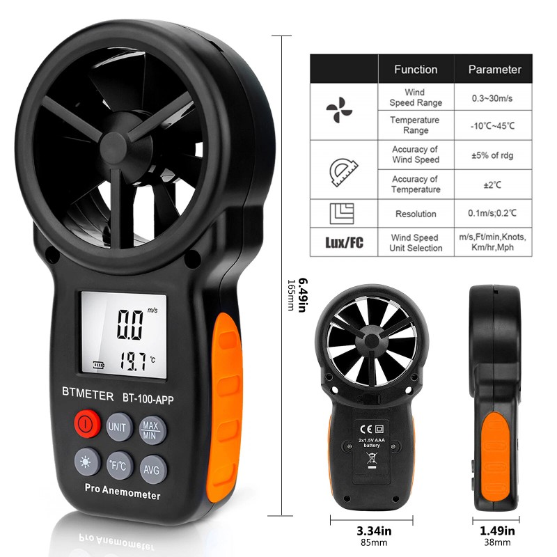 BTMETER Anemometer Digital Wind Speed Meter Temp Gauge 5860ft/min Data