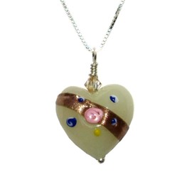 Cream Fiorato 19mm MURANO Glass Heart Sterling Silver Chain Necklace. Roses. Gift Wrapped