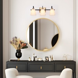 KSANA Bathroom Wall Light Fixtures, 3-Light Gold Black Vanity Light with White Fabric Shades, Modern Vintage Wall Lamp Over Mirror for Hallway, Kitchen, Bedroom and Living Room