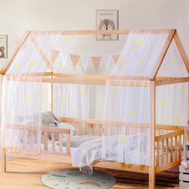 Hausbett Himmel Deko mit Leuchtenden Sternen, 2 Betthimmel & 1 Wimpelkette | Babybett Himmel für Kinderzimmer | Himmelbett Vorhänge für 90x200 & 120x200 Kinderbetten fürJungen/Mädchen (Weiß, 67x320cm)
