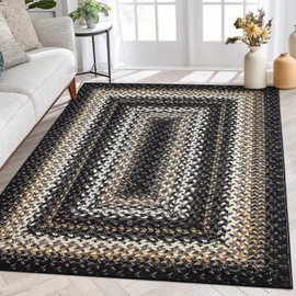 ROYHOME Geometric Area Rug 3x5 Machine Washable Rug Boho Rug Braided Print Area Rug Modern Indoor Throw Carpet Rustic Accent Floor Carpet for Living Room Bedroom Kitchen Nursery Office, Black