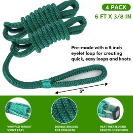 Fender Lines, 3/8'' x 6' Boat Fender Lines with Loop, Double Braid Boat Bumper Rope Boat Fender Rope Dock Lines Boat Ropes for Docking Boat Lines Dock Ties Jet Ski Mooring Small Boating Docking 4 Pack