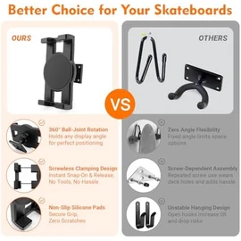 DYAUS 360° Rotating Skateboard Wall Mount, Extending Skateboard Wall Hanger, Universal Skate Board Wall Mounts Display, Space-Saving Longboard Deck Holder, Floating Skateboard Rack, Black