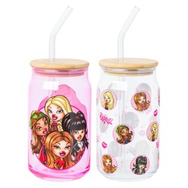 Silver Buffalo Bratz Featuring Yasmin, Cloe, Sasha, and Jade 2 Pack Glass Jar Tumbler with Bamboo Lid and Glass Straw, 16 Ounces