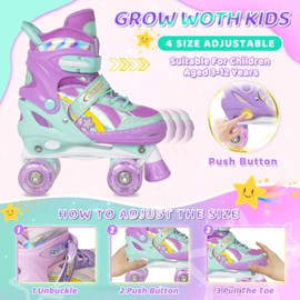 Nattork Girls Rainbow Unicorn Roller Skates for Big Kids ages6-12 7 8 9 10, 4 Size Adjustable Quad Skates with All Light Up Wheels - Best Birthday Gift for Outdoor Sports - Teal