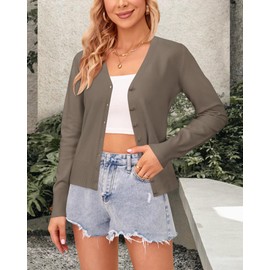 Arach&Cloz Women's V Neck Lightweight Cardigan Long Sleeve Solid Top Shrugs with Button, coffee, M