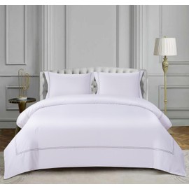 AORISSI 100% Cotton Duvet Cover Set Soft Comfortable with Embroidery Design 3 Pcs Sateen Weave Home Bedding Set (White&Grey, Queen)
