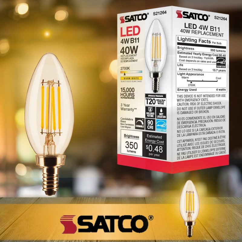 Satco LED Lamp, S21264 4B11/LED/927/CL/120V/E12, 4 Watt B11 Lightbulb, Clear;