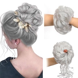 2PCS Messy Bun Hair Piece Tousled Updo Elastic Bun Hair Piece for Women Synthetic Messy Bun Donut Accessories (Silver)