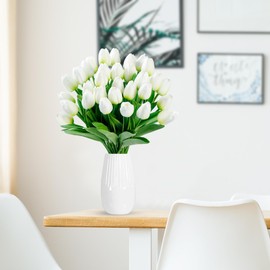 Sggvecsy 15 Pcs Fake Tulips Artificial Flowers Real Touch PU Faux Flowers Tulip Stems for Wedding Spring Bouquet Floral Arrangement Home Party Office Decorations for Mother's Day (Green White)