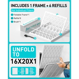 AErovivo 16x20x1 Refillable Air Filter Kit, MERV 8, 1 Reusable Foldable Frame ＆ 6 Refills, Fits Most AC HVAC Furnace Filter, Actual Size 15.75x19.75x0.75in