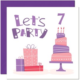 Girls 7th Birthday Card - Lets Party Purple Any Age Numbers Birthday Card for 7 Year old Girl Kids Daughter seven, seventh Granddaughter Niece Sister cousin