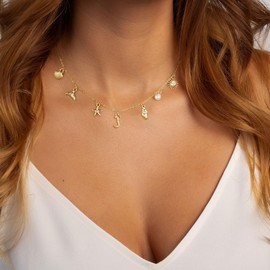 Rotnso Gold Initial Charm Necklace for Women, Dainty Shell Pearl Seashell Starfish Star Sun J Pendant Initial Letter Name Necklace Trendy 14K Gold Plated Boho Choker Cute Summer Beach Jewelry Gift J