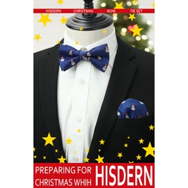 HISDERN Men's Christmas Classic Pre-Tied Bow Tie and Pocket Square Set, Wedding Party Accessories - blue white