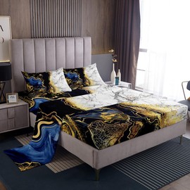 Marble Bed Sheets Full,Marble Like Burning Mountain Printed Bedding Set,Retro Style Watercolor Abstract Artwork Design Sheet Set,Ultra Soft Gold Blue White 1 Fitted Sheet & 1 Top Sheet & 2 Pillowcase