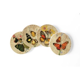 4 Absorbent Ceramic Drink Coasters with Cork Back, Artist Designed, 4” Circle Coaster Set, Protects Tabletop, Great Housewarming Gift (Vintage Orange Butterfly)