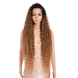 Style Icon 36”Super Long Curly Wig C-Shaped Side Part Lace Wig Afro Baby Hair Synthetic Ombre Blonde Wigs(36 inches, SOP43026)