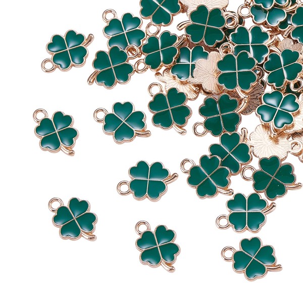 LiQunSweet 100 Pcs Enamel Green Leaf Clover Charms LightGold Shamrock