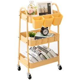 danpinera 3-Tier Rolling Cart, Metal Rolling Storage Cart with Lockable Wheels & Hanging Cups & Hooks, Mobile Trolley for Kitchen, Bathroom, Office, Workshop, Yellow