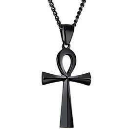 HUANIAN Stainless Steel Egyptian Ankh Cross Pendant Necklace,Black,24 inch Chain