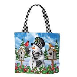 Checkered Snowman Winter Canvas Tote Bag Cardinal Pair Berries 14.5" x 15" Briarwood Lane