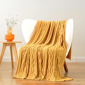 Battilo Mustard Yellow Throw Blanket for Sofa Bed Couch Chair, Yellow Chenille Knitted Throw, Soft Warm Cozy Decorative Yellow Sofa Throw, Bed Blanket, 130x170cm