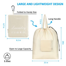 GOGOODA Travel Laundry Bags with Drawstring Closure XL Large Foldable Dirty Clothes bags with Handle Heavy Duty and Washable for College Dorm Travelling Camping, 2 Pack, Beige