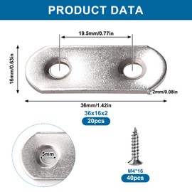 VooGenzek 20 Pieces 36 x 16 x 2 mm Flat Straight Corner Braces, Stainless Steel Flat Corner Bracket, Flat Mending Connection Plates, Flat Plate Straight Brackets, with 40 Screws, for Wood Furniture