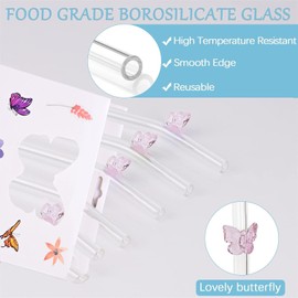 6Pcs Reusable Glass Straws,Shatter Resistant Cute Pink Butterfly Bent Glass Straw with 2 Cleaning Brushes for Various Drinks at Party,Cocktail,Smoothies,Milkshakes,Juices,Teas