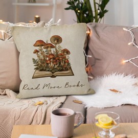 VRW Vintage Mushroom Book Reading Throw Pillow Covers 18x18, Read More Books Decorative Pillow Covers for Classroom Reading Room Corner, Book Lovers Reader Gifts Accent Pillows Cover Pillowcases