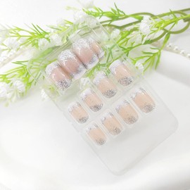 Medium Square Press on Nails White French Tip Fake Nails with Glitter Sequins Design Nails Press ons Nude Full Cover False Nails Glossy Acrylic Nails Winter Glue on Nails for Girls 24Pcs