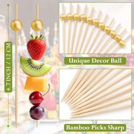 1000 Count Cocktail Picks, Fancy Toothpicks for Appetizers Drinks Food Fruit, 4.7 Inch Bamboo Cocktail Sticks Skewers, Long Gold Pearl Food Picks for Charcuterie Boards Accessories Party Supplies