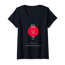 Womens Cheerfulness Japan Motivational Kanji Japanese Calligraphy V-Neck T-Shirt