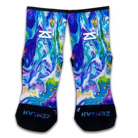 Zensah Limited Edition Running Socks - Fun and Crazy Mini Crew Compression Socks, Moisture Wicking and Anti Blister (Large, Fluid Art)
