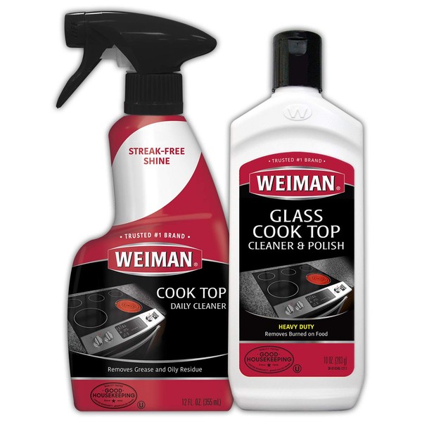 Weiman Ceramic and Glass Cooktop Cleaner - 10 Ounce - Stove Top Daily Cleaner Kit - 12 Ounce - Glass Ceramic Induction Cooktop Cleaning Bundle for Heavy Duty Mess Cleans Burnt-on Food