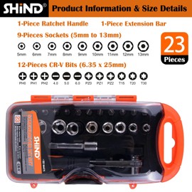 SHiND 23Pcs, Mini Low Profile 90 Degree Offset Ratchet Screwdriver Set, CR-V Chrome Vanadium Steel Rachet Handle, Extension Bar, Bits & Sockets. Multiple Replaceable, Changeable, Hardened & Durable.
