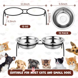 Yiyiring 12 Pack Stainless Steel Cat Food Bowls 5.5 Inch Raised Cat Bowls with One Metal Stand Elevated Pet Feeding Water Feeder Dishes for Indoor Kitten Puppy Dogs Feeding Dish to Prevent Fatigue