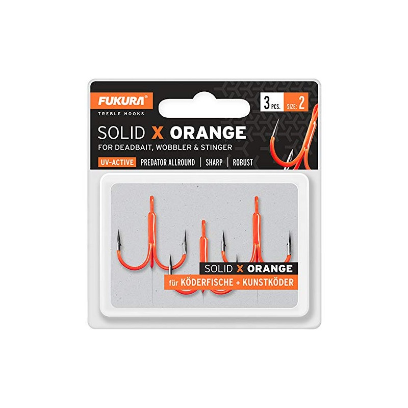 Fukura Solid X Orange Treble Hooks Size 2 Pack of