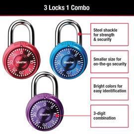 Master Lock Padlock, Mini Dial Combination Lock for Gym or School Lockers, Small Lock is 1-9/16 Inches Wide, Color Assortment Pack, (Pack of 3), 1533TRI