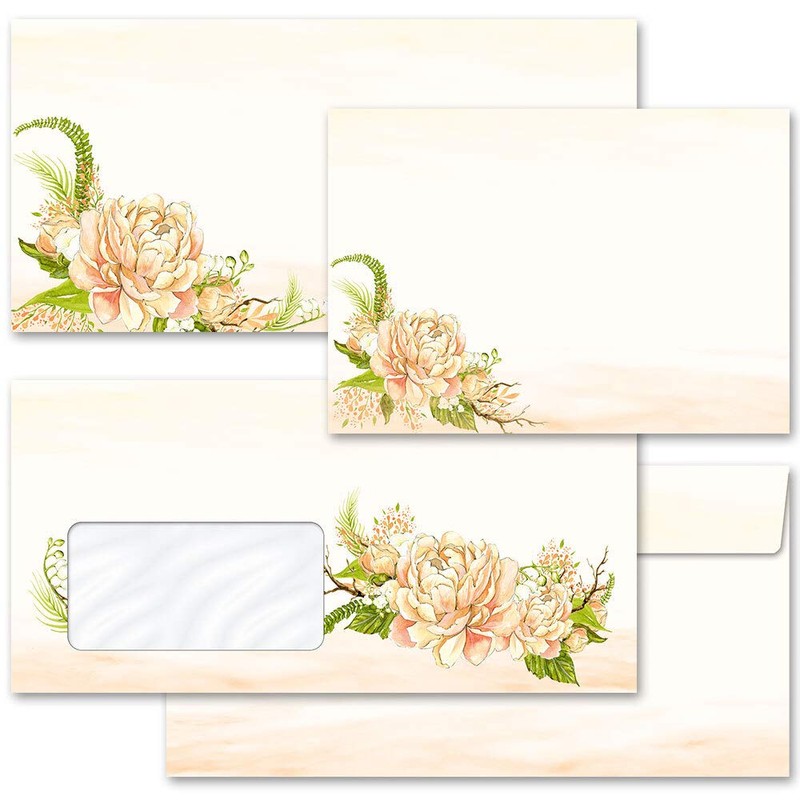 Briefumschläge Blumen & Blüten, PFINGSTROSEN 10 Briefumschläge (mit Fenster) DIN