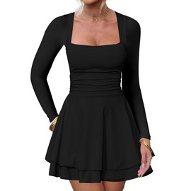 Kaximil Women's Square Neck Ruffle Hem Mini Dress Ruched Waist Long Sleeve Corset Short Party Dresses, X-Large, Black