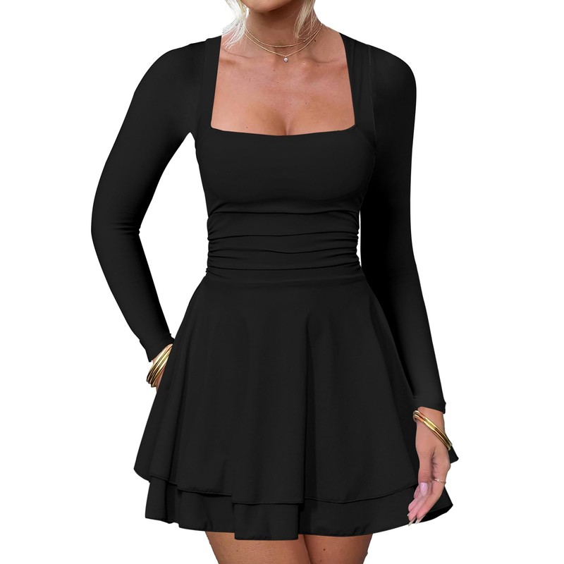 Kaximil Women's Square Neck Ruffle Hem Mini Dress Ruched Waist