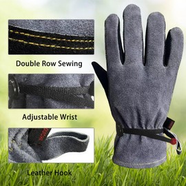 AOUCHI Leather Gardening Work Cowhide Gloves with Cotton Lining for Weeding Pruning Yard Working for Men and Women (Black, Large)