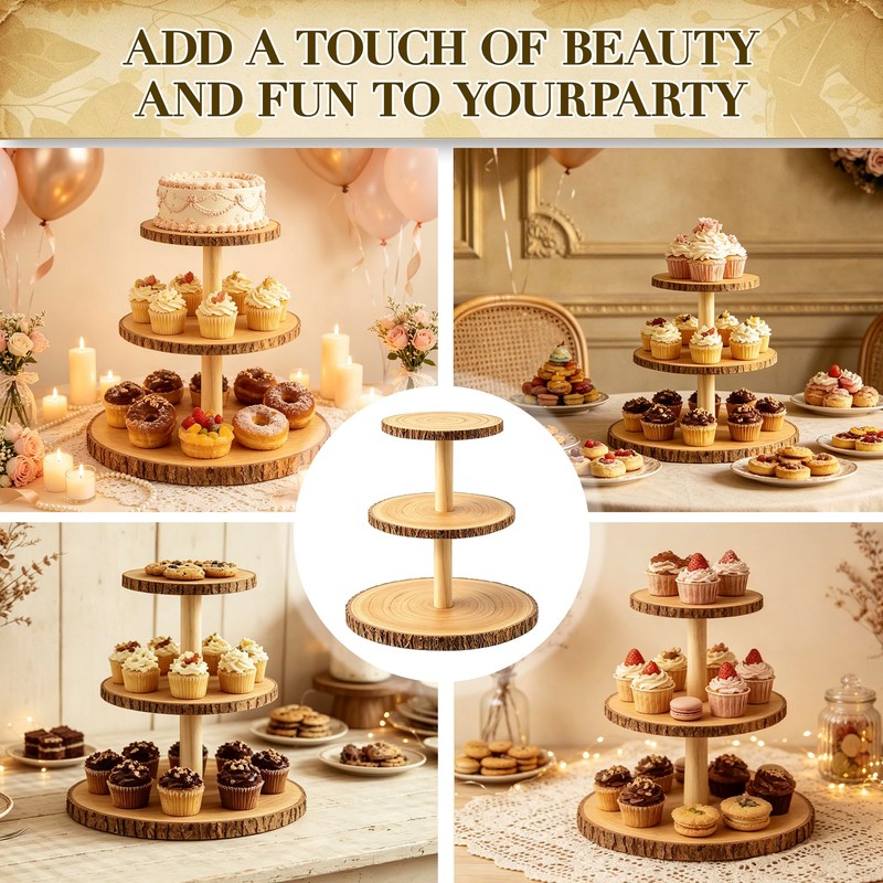 3-Tier Round Wooden Cupcake Stand, Rustic Natural Bark Wood Dessert