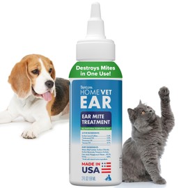 TropiClean HomeVet Dog Ear Cleaner, Ear Mite Treatment for Cats & Dogs, Ear Cleaning Solution Rinses on Contact, USA Made, 2 oz