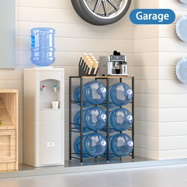 Arbuxzuy 5 Gallon Water Jug Holder, Water Jug Stand with Storage Rack, 3-Tiers Water Dispenser Stand, Water Bottle Stand for Kitchen, Office, Living Room, Brown